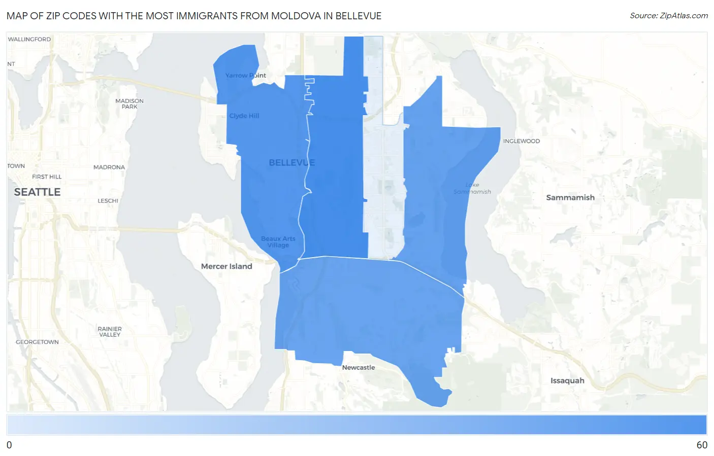 Zip Codes with the Most Immigrants from Moldova in Bellevue Map