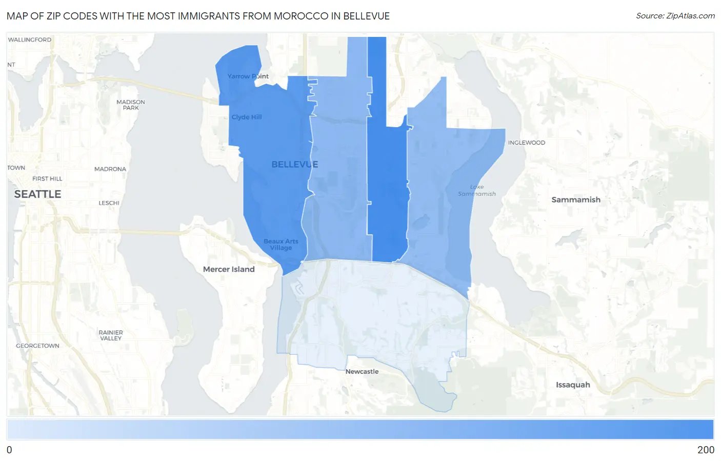 Zip Codes with the Most Immigrants from Morocco in Bellevue Map