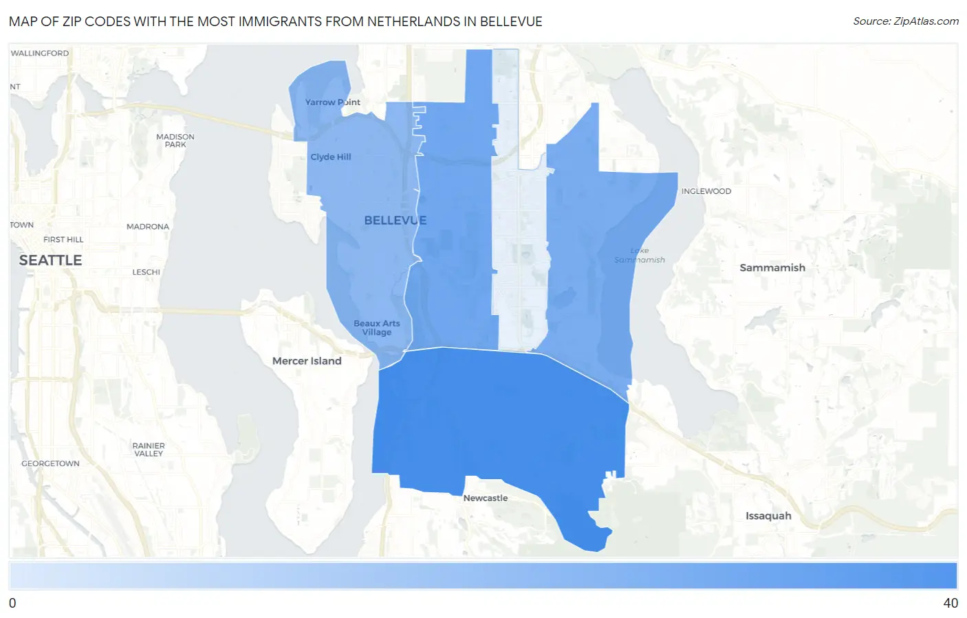Zip Codes with the Most Immigrants from Netherlands in Bellevue Map