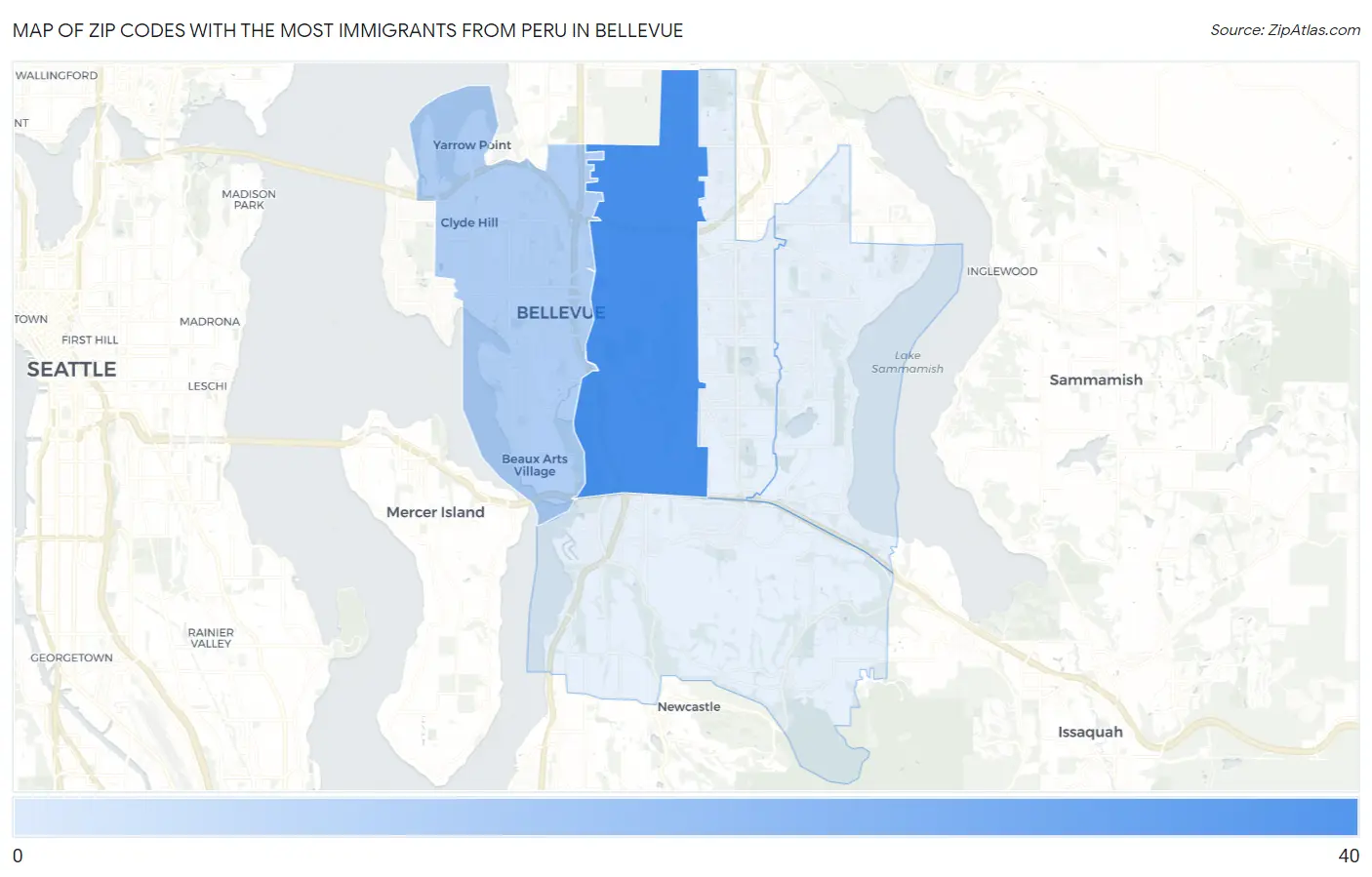 Zip Codes with the Most Immigrants from Peru in Bellevue Map