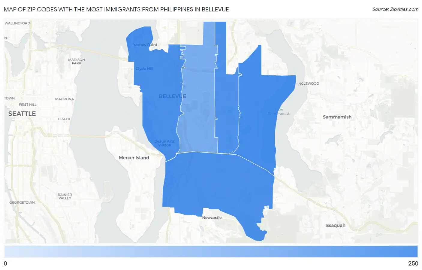 Zip Codes with the Most Immigrants from Philippines in Bellevue Map
