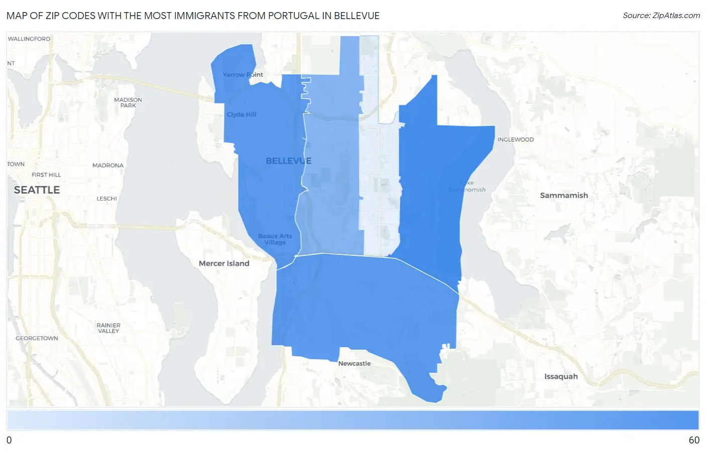 Zip Codes with the Most Immigrants from Portugal in Bellevue Map