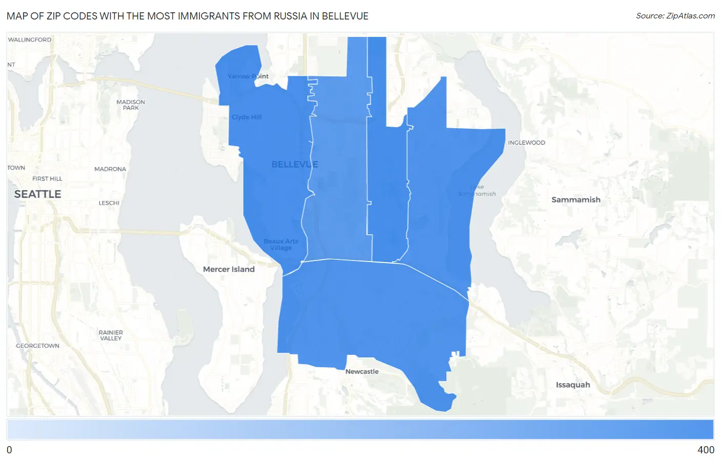 Zip Codes with the Most Immigrants from Russia in Bellevue Map