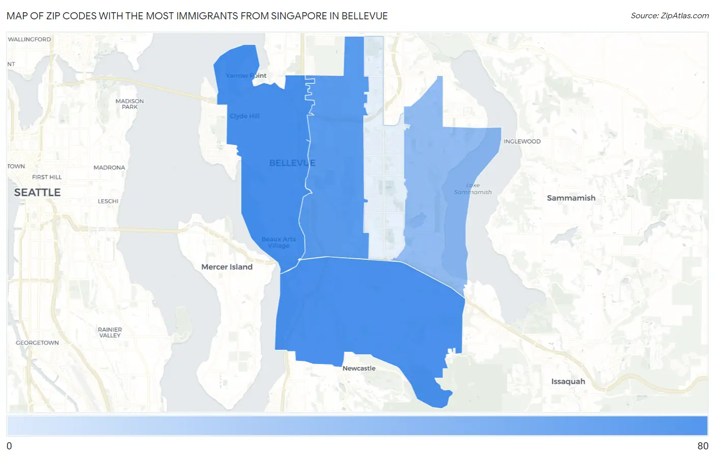 Zip Codes with the Most Immigrants from Singapore in Bellevue Map
