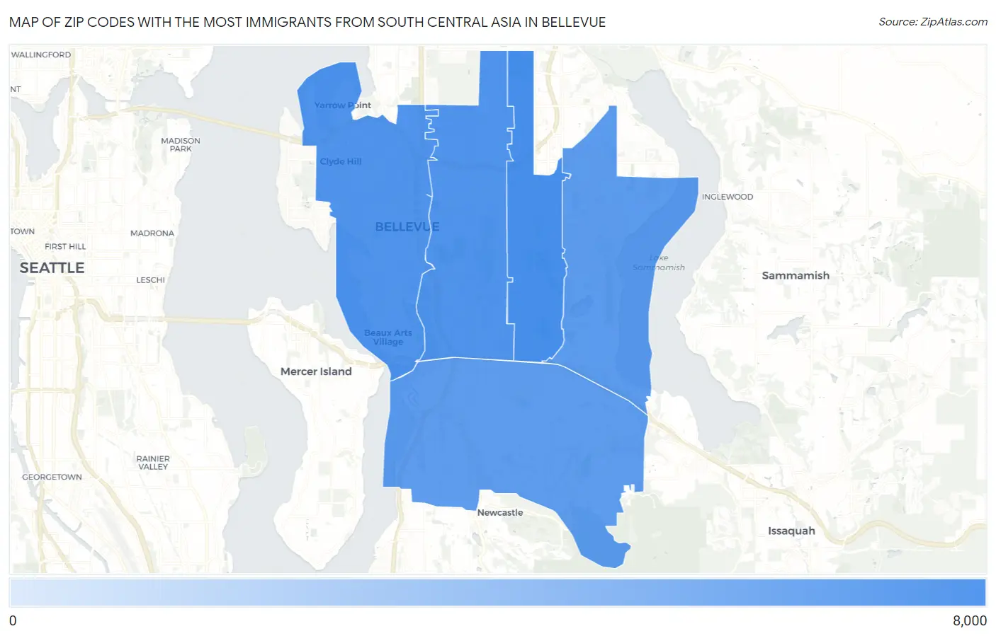 Zip Codes with the Most Immigrants from South Central Asia in Bellevue Map
