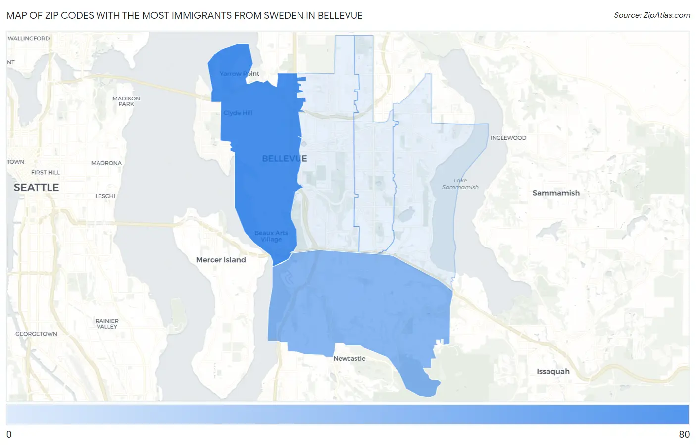 Zip Codes with the Most Immigrants from Sweden in Bellevue Map