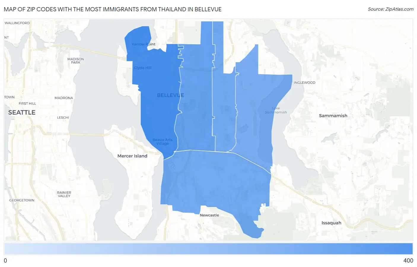 Zip Codes with the Most Immigrants from Thailand in Bellevue Map