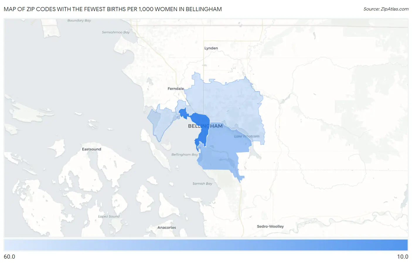 Zip Codes with the Fewest Births per 1,000 Women in Bellingham Map