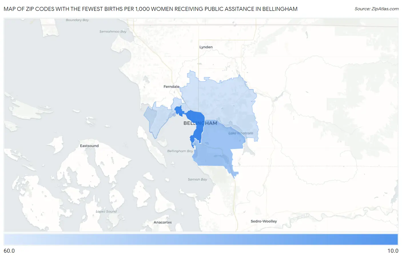 Zip Codes with the Fewest Births per 1,000 Women Receiving Public Assitance in Bellingham Map