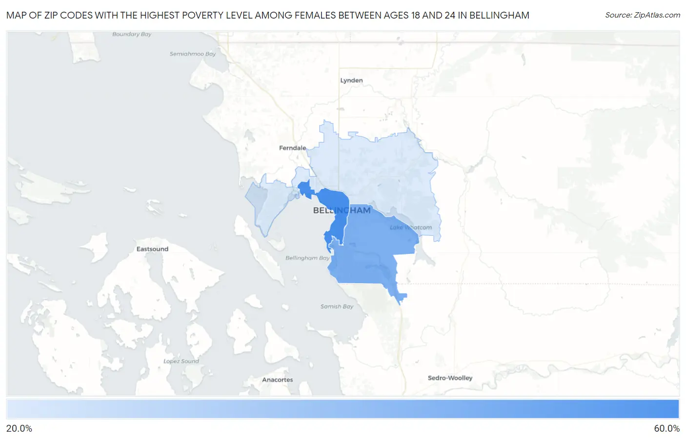 Zip Codes with the Highest Poverty Level Among Females Between Ages 18 and 24 in Bellingham Map