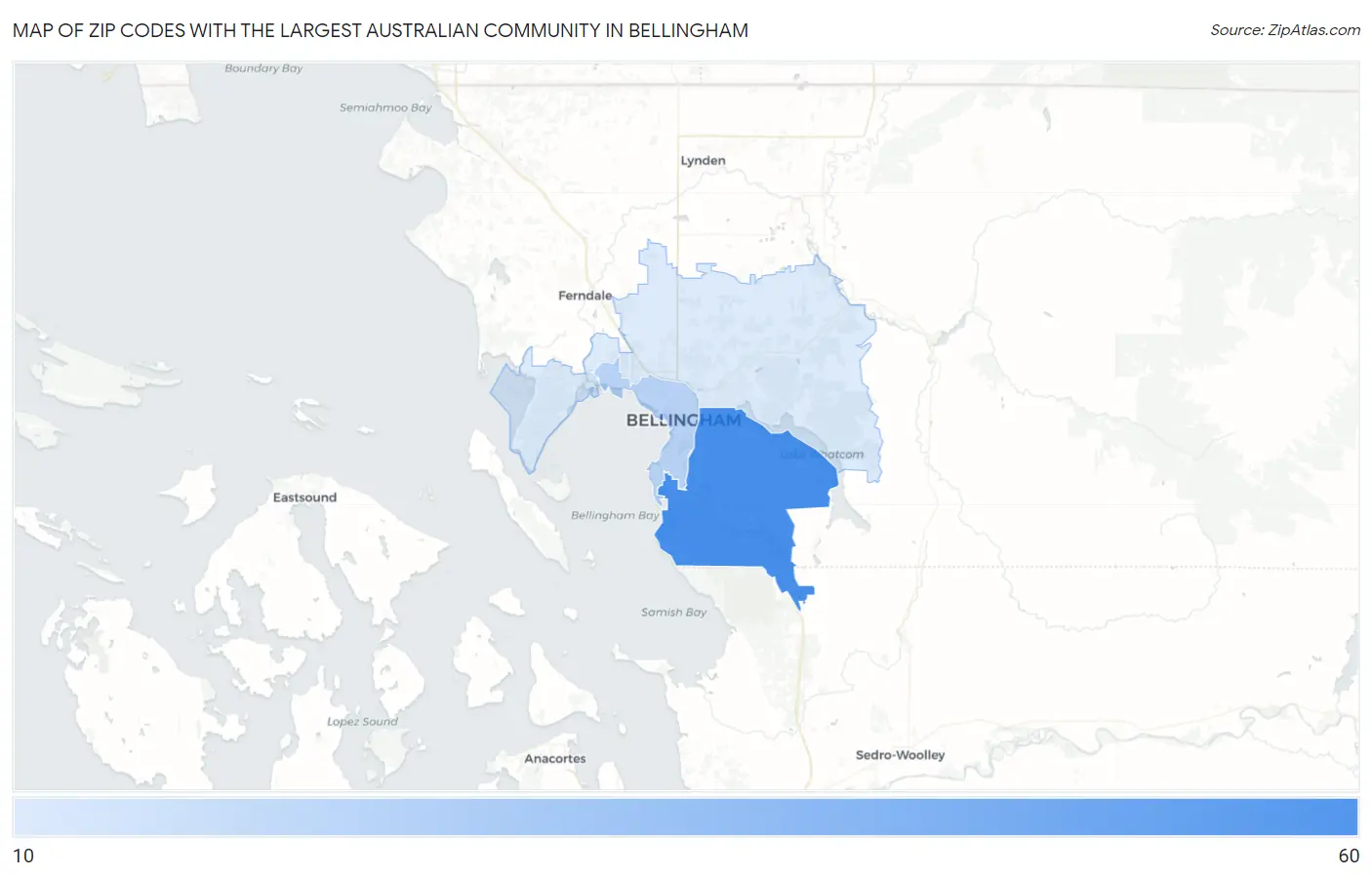 Zip Codes with the Largest Australian Community in Bellingham Map