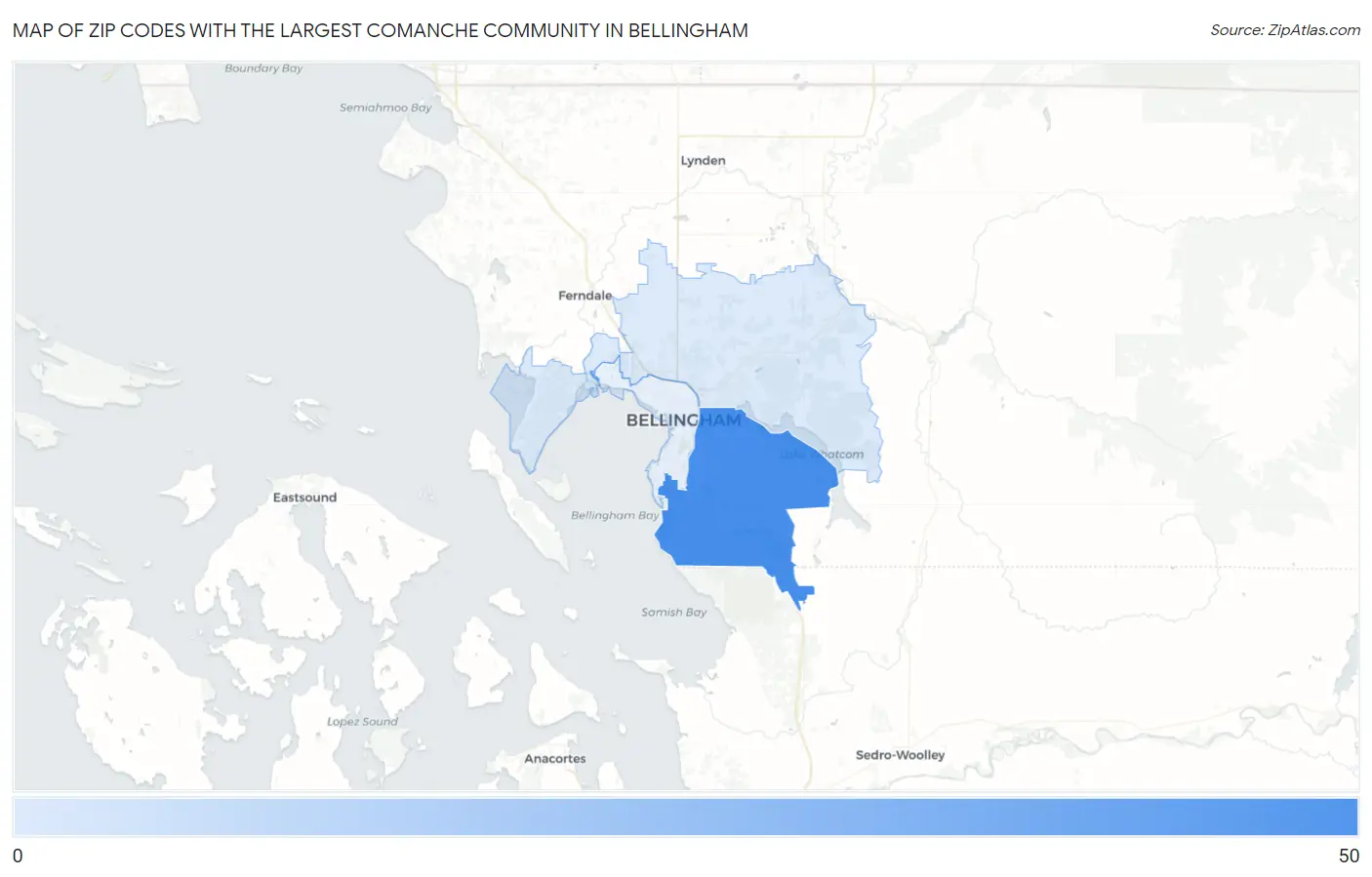 Zip Codes with the Largest Comanche Community in Bellingham Map
