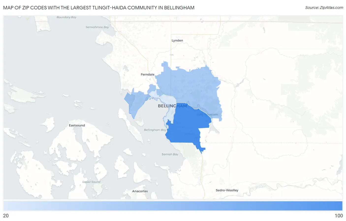 Zip Codes with the Largest Tlingit-Haida Community in Bellingham Map