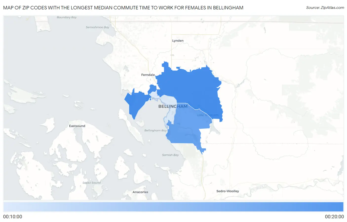 Zip Codes with the Longest Median Commute Time to Work for Females in Bellingham Map