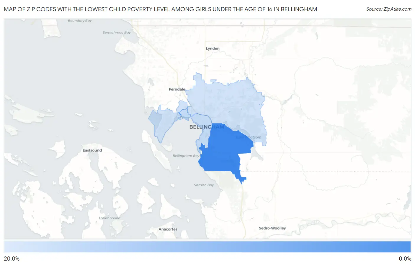 Zip Codes with the Lowest Child Poverty Level Among Girls Under the Age of 16 in Bellingham Map