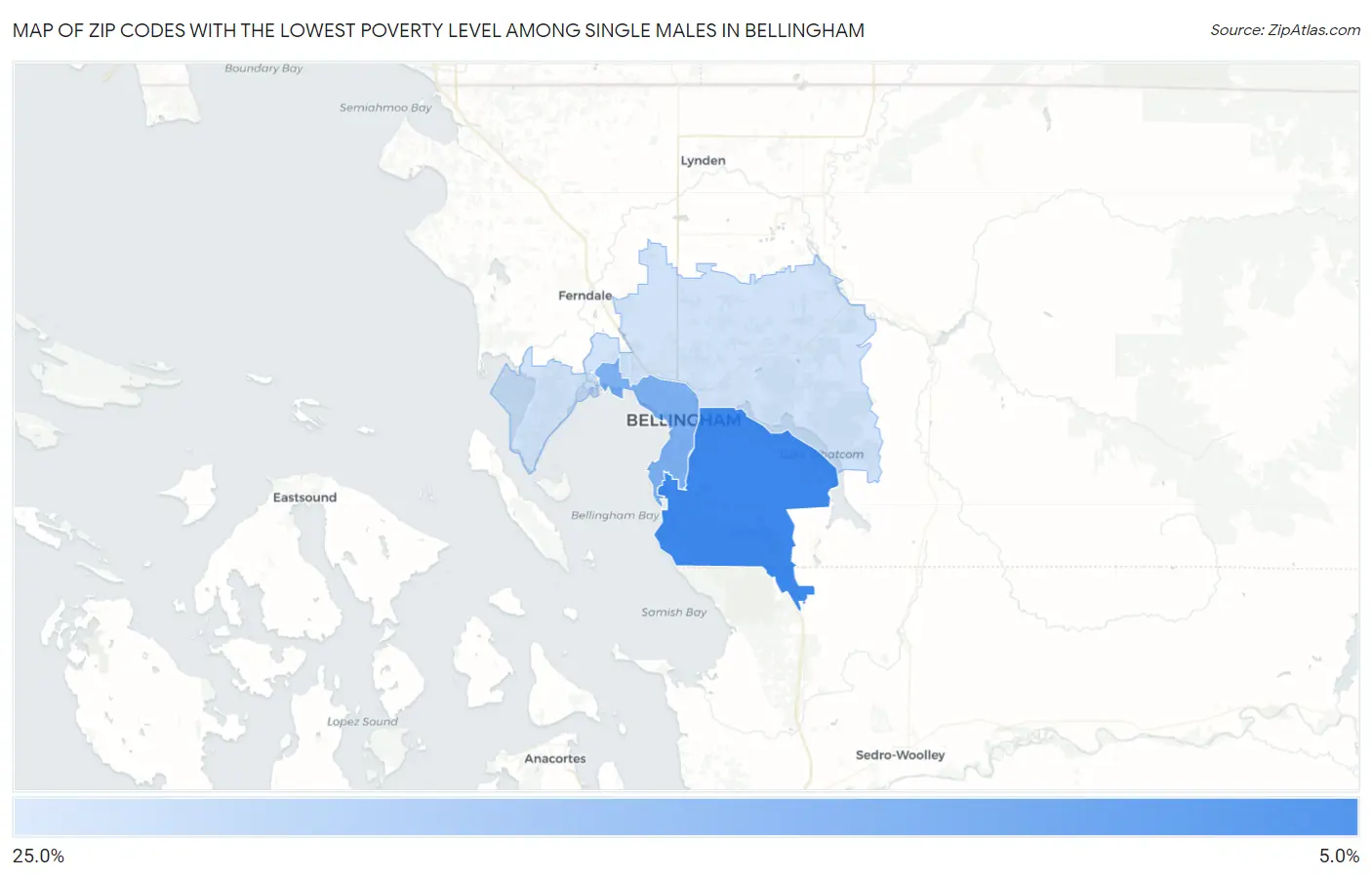 Zip Codes with the Lowest Poverty Level Among Single Males in Bellingham Map