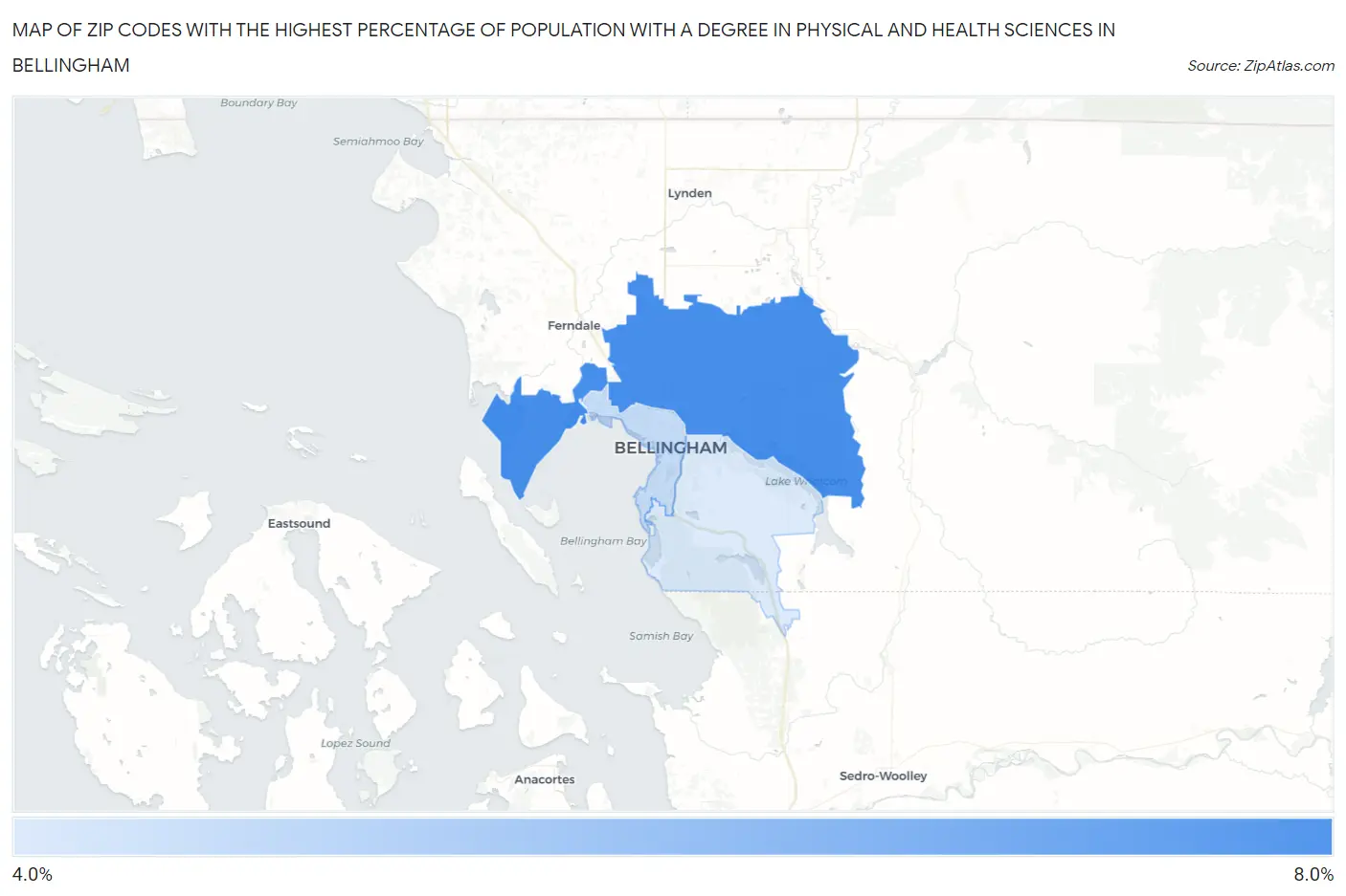 Zip Codes with the Highest Percentage of Population with a Degree in Physical and Health Sciences in Bellingham Map