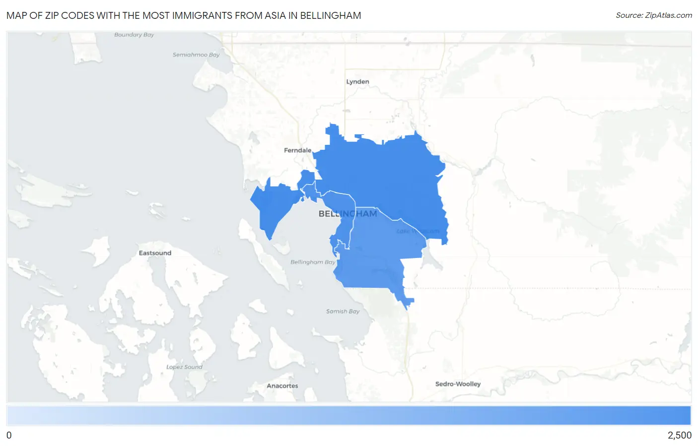 Zip Codes with the Most Immigrants from Asia in Bellingham Map