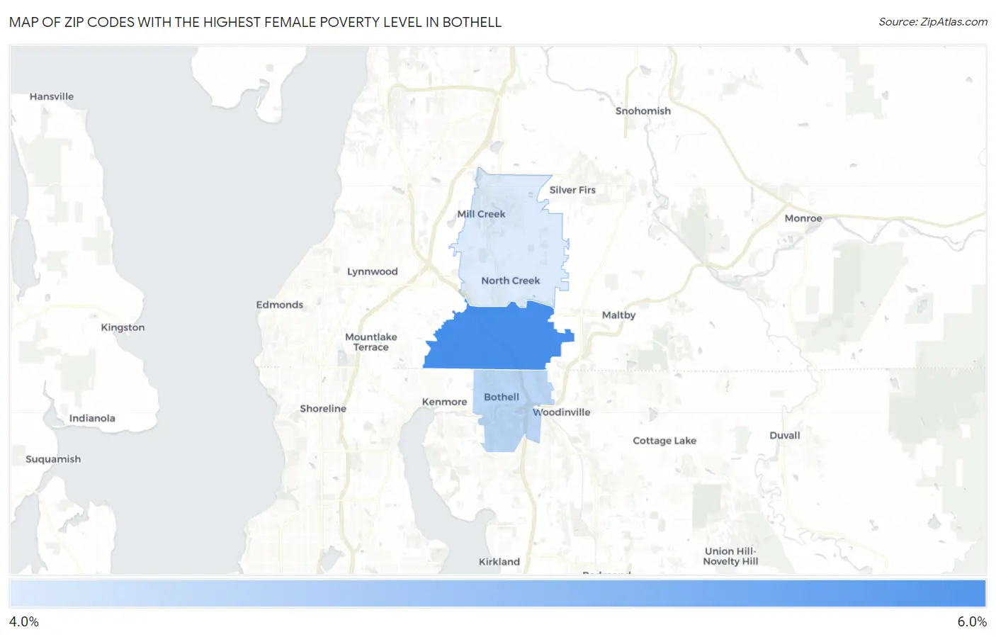 Zip Codes with the Highest Female Poverty Level in Bothell Map