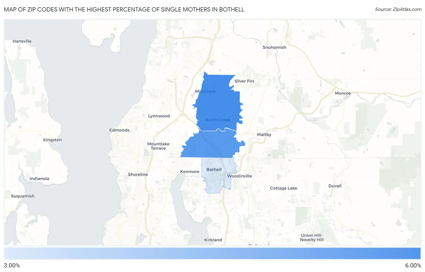 Zip Codes with the Highest Percentage of Single Mothers in Bothell Map