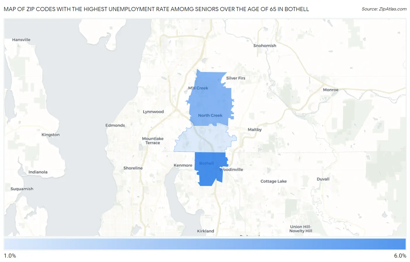 Zip Codes with the Highest Unemployment Rate Amomg Seniors Over the Age of 65 in Bothell Map