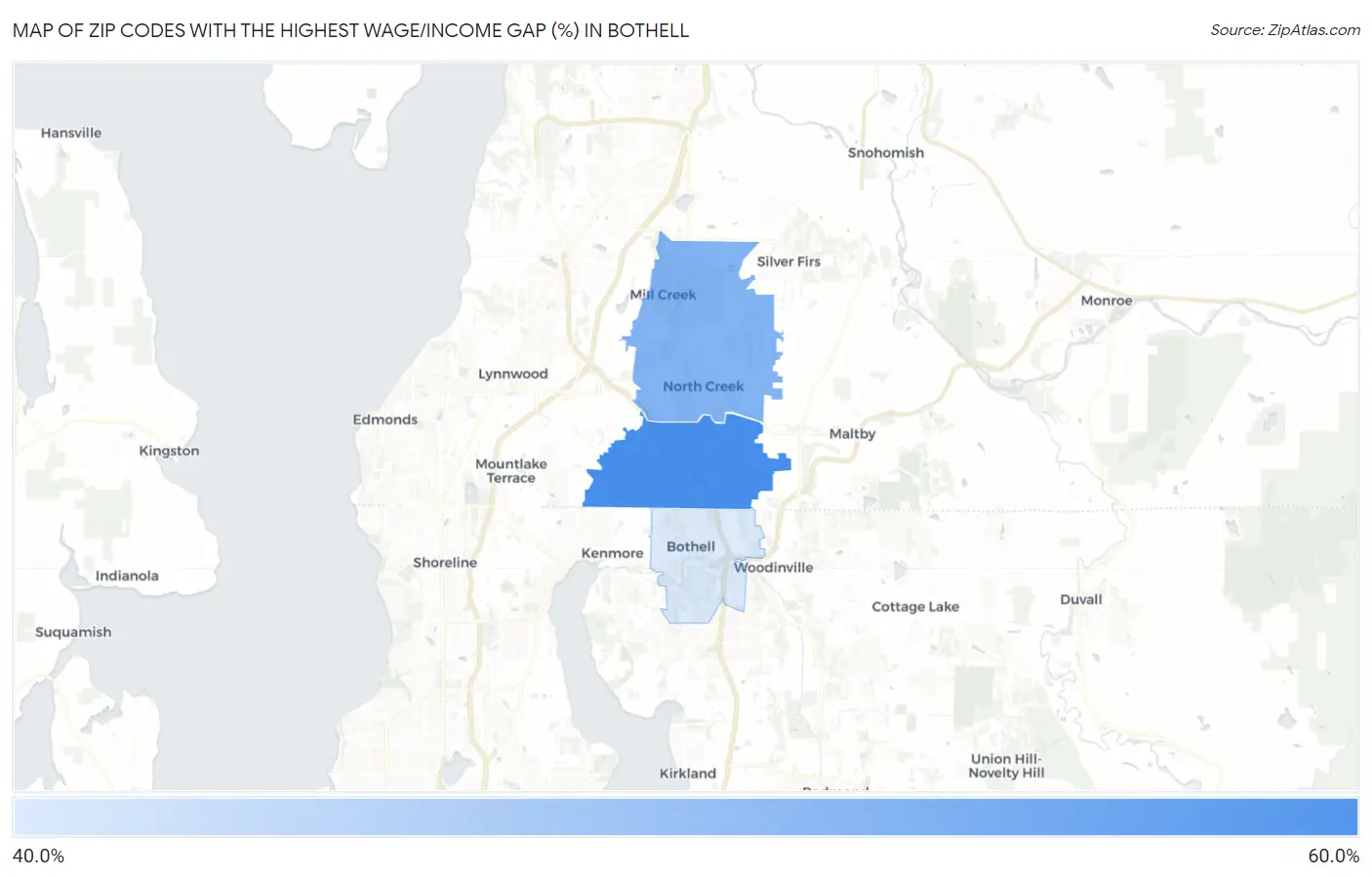 Zip Codes with the Highest Wage/Income Gap (%) in Bothell Map