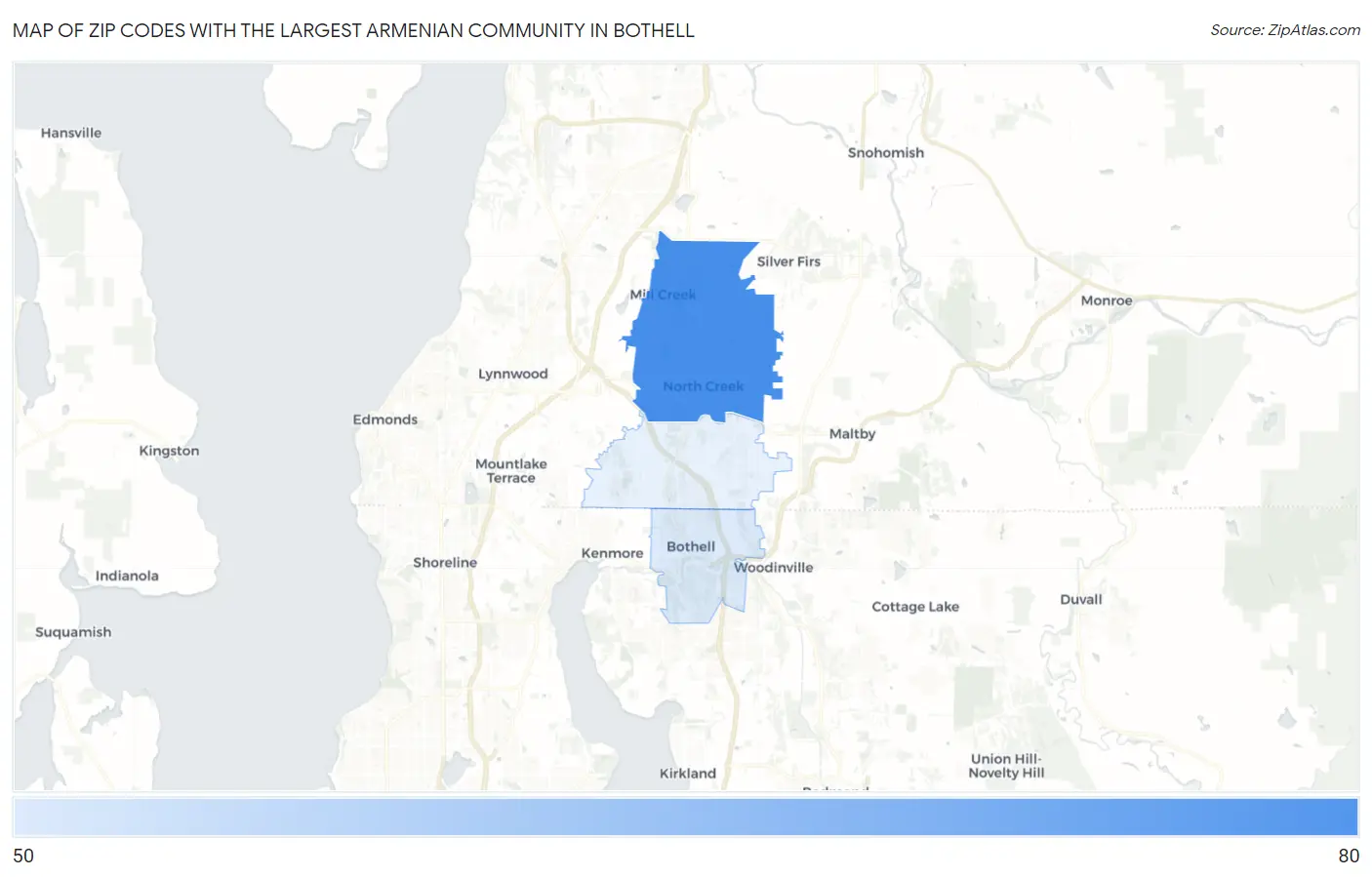 Zip Codes with the Largest Armenian Community in Bothell Map