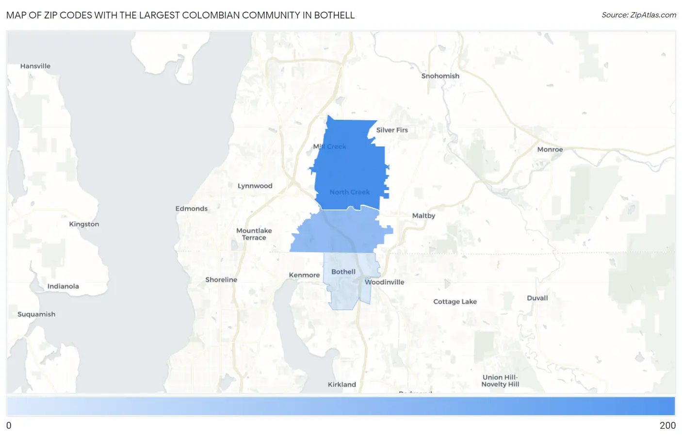 Zip Codes with the Largest Colombian Community in Bothell Map