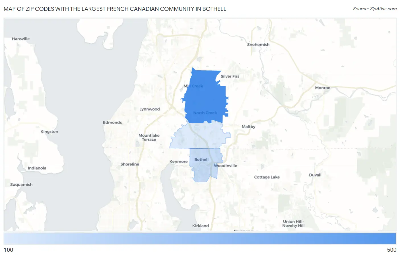 Zip Codes with the Largest French Canadian Community in Bothell Map