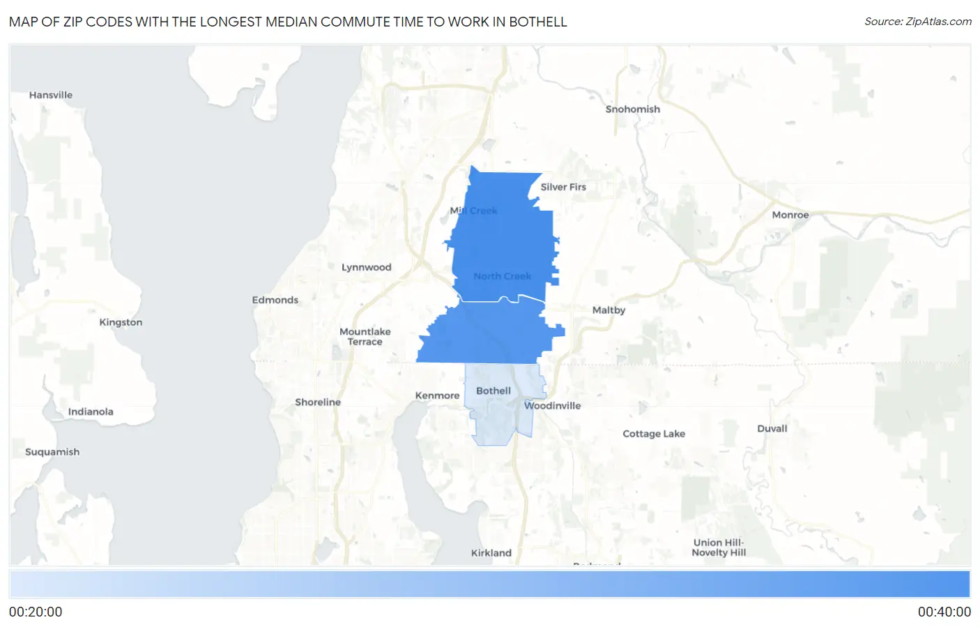 Zip Codes with the Longest Median Commute Time to Work in Bothell Map