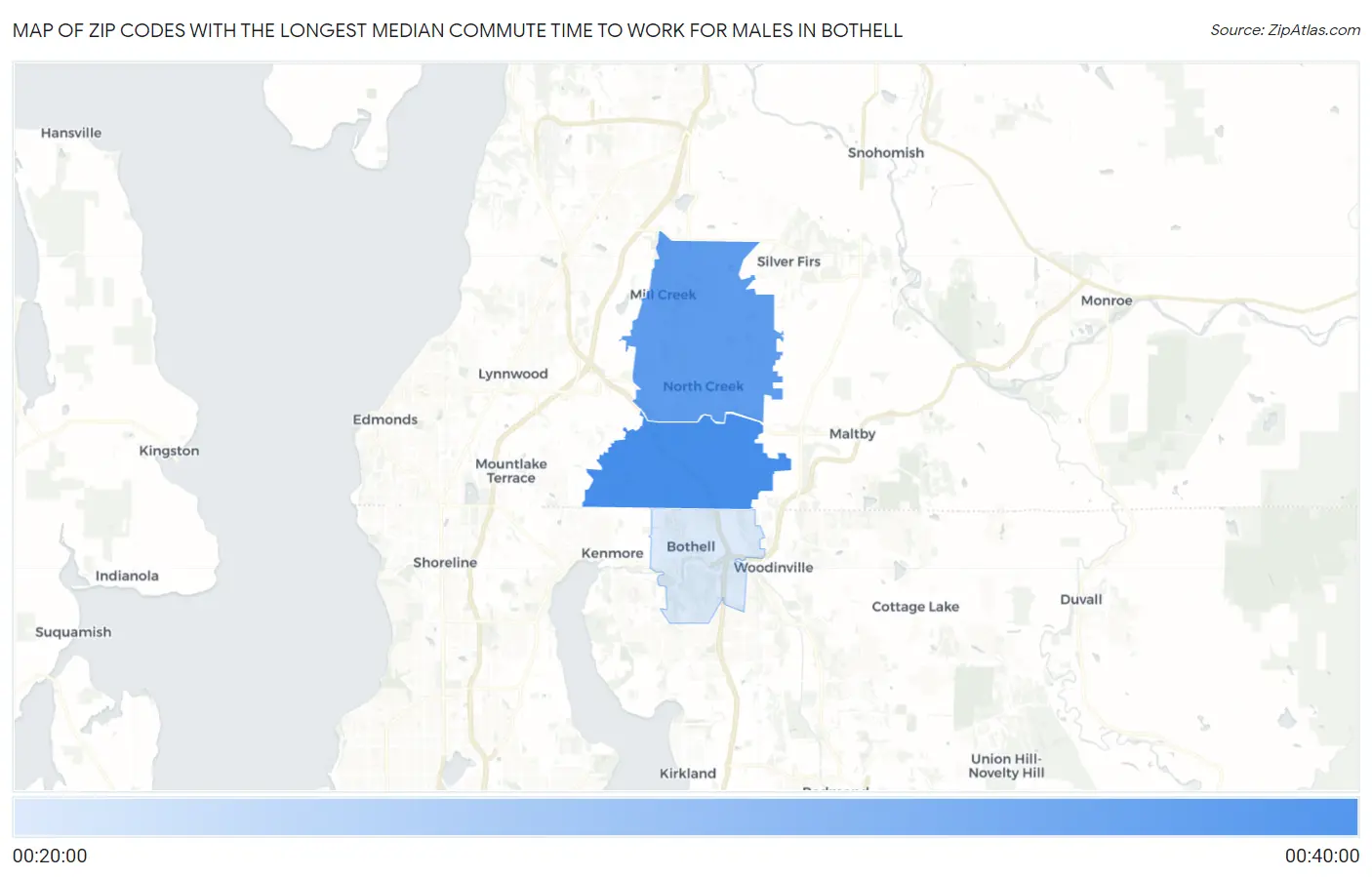 Zip Codes with the Longest Median Commute Time to Work for Males in Bothell Map