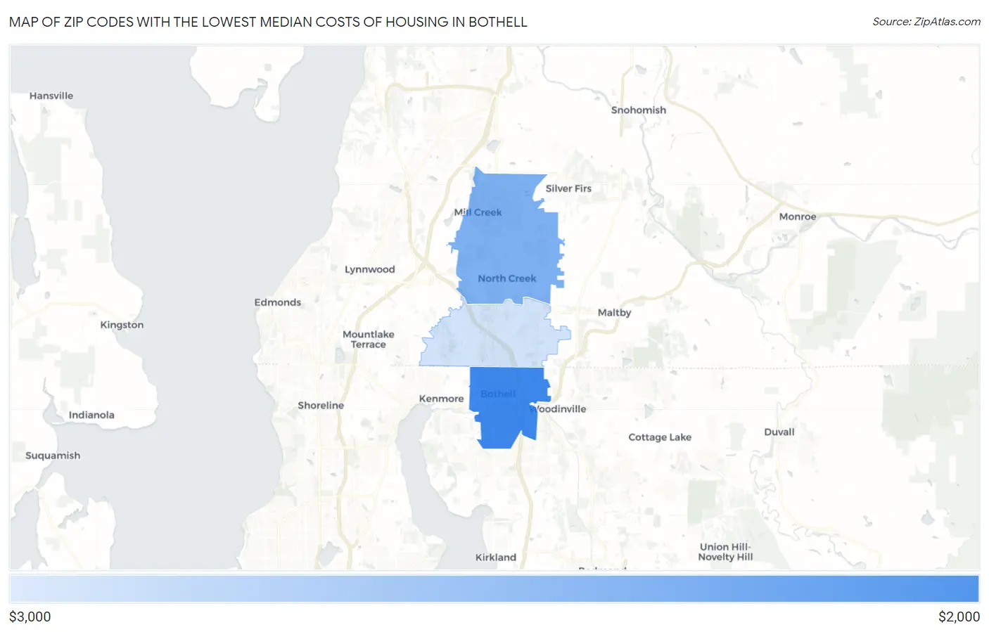 Zip Codes with the Lowest Median Costs of Housing in Bothell Map