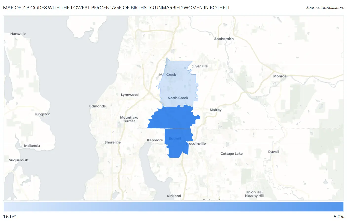 Zip Codes with the Lowest Percentage of Births to Unmarried Women in Bothell Map