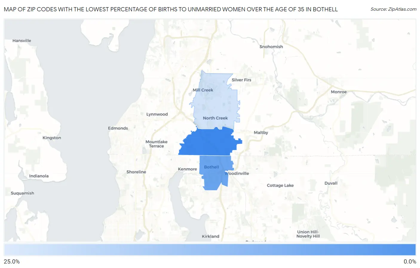 Zip Codes with the Lowest Percentage of Births to Unmarried Women over the Age of 35 in Bothell Map