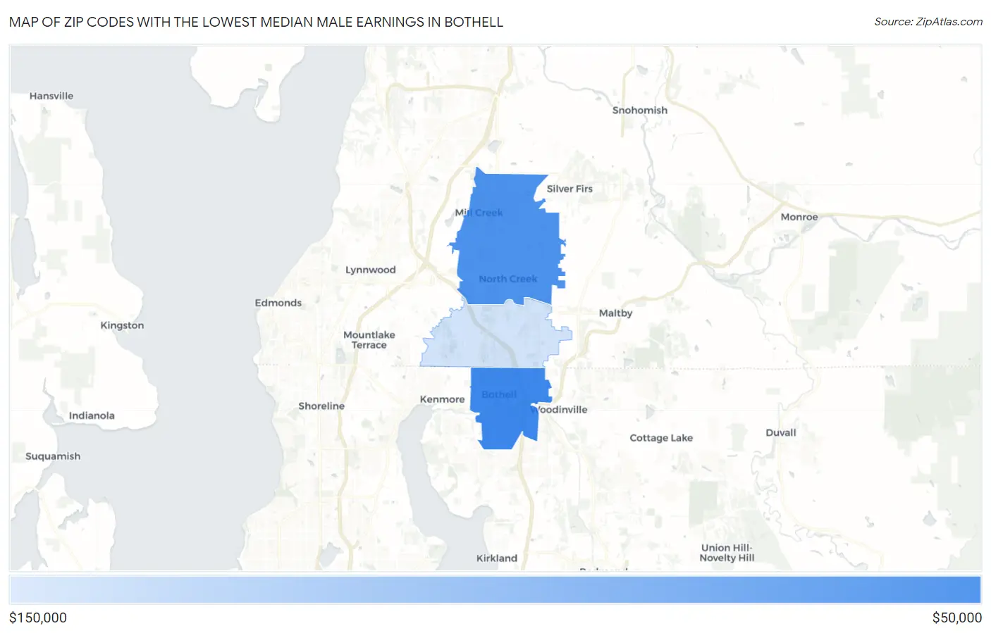 Zip Codes with the Lowest Median Male Earnings in Bothell Map