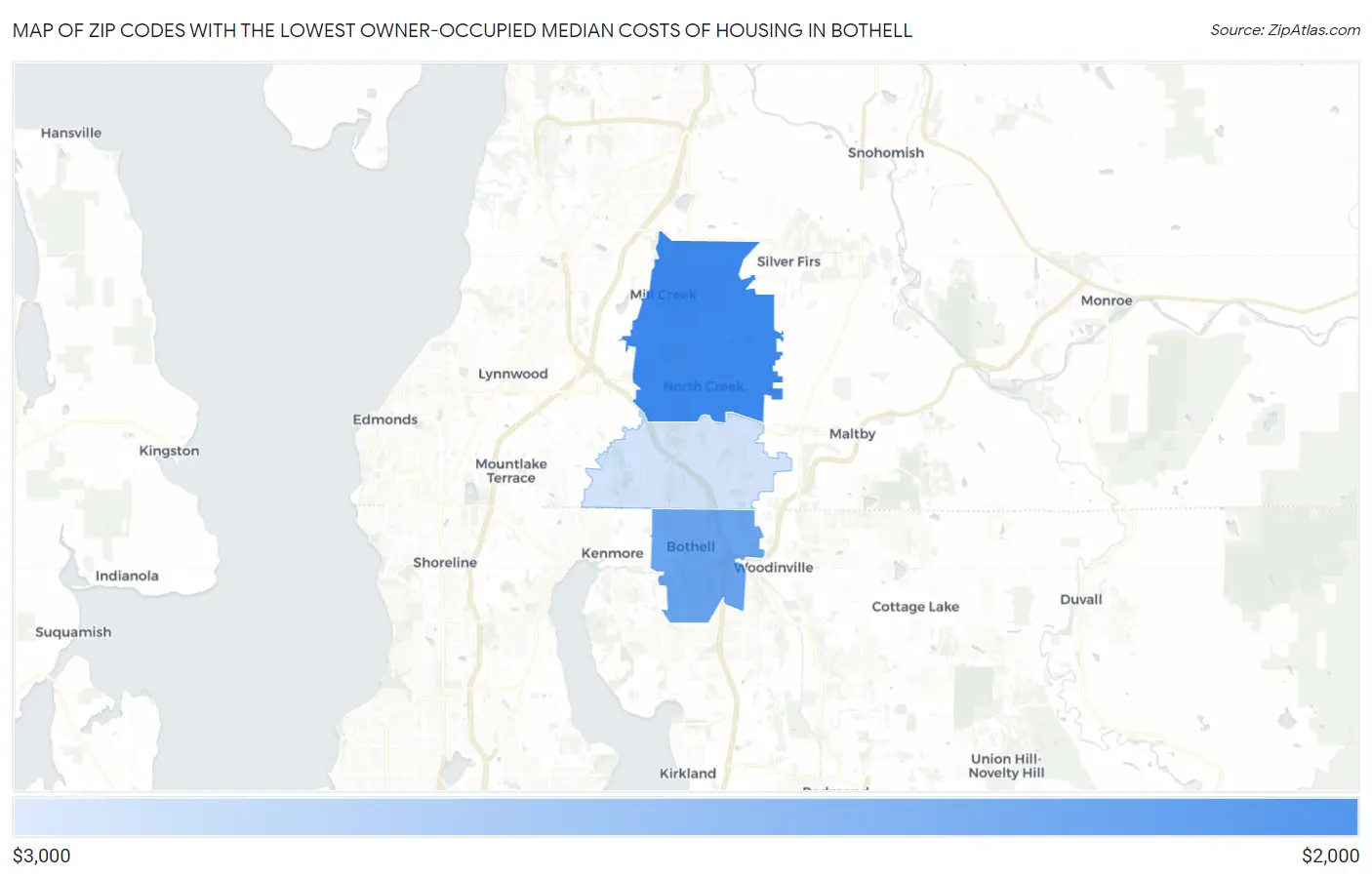 Zip Codes with the Lowest Owner-Occupied Median Costs of Housing in Bothell Map