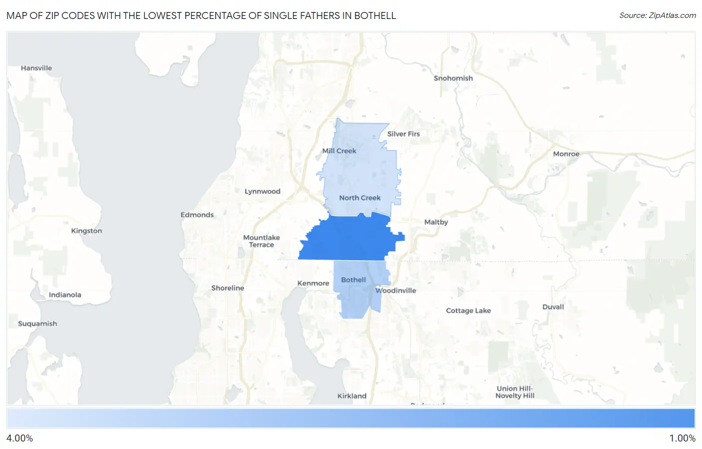 Zip Codes with the Lowest Percentage of Single Fathers in Bothell Map
