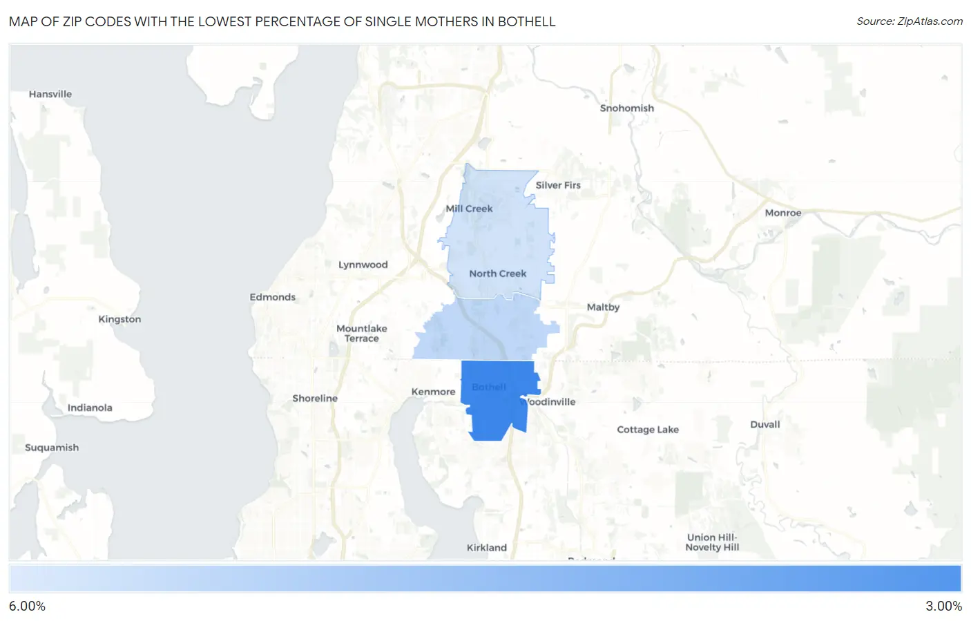 Zip Codes with the Lowest Percentage of Single Mothers in Bothell Map