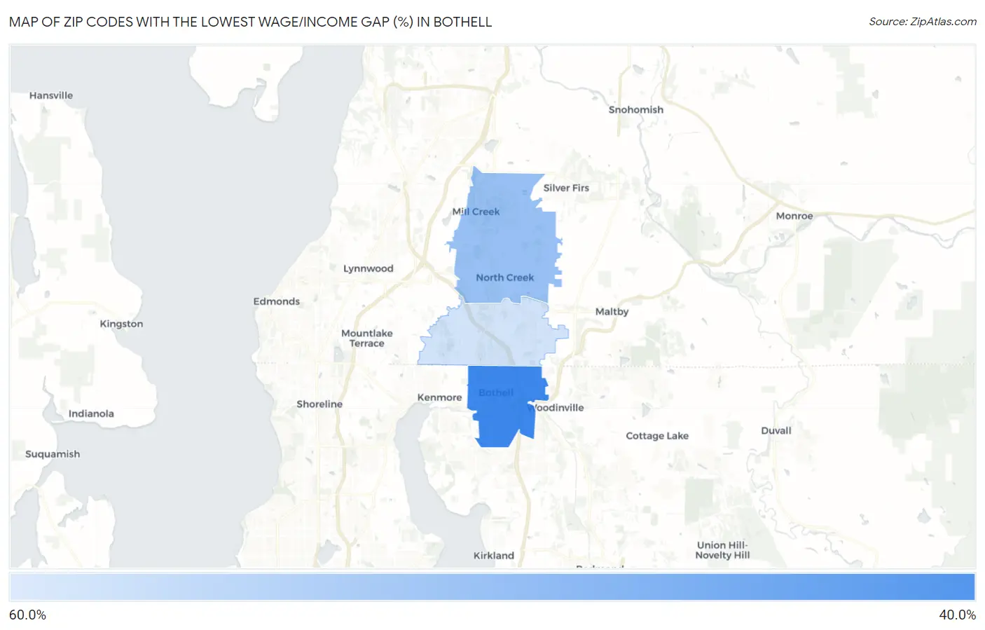 Zip Codes with the Lowest Wage/Income Gap (%) in Bothell Map