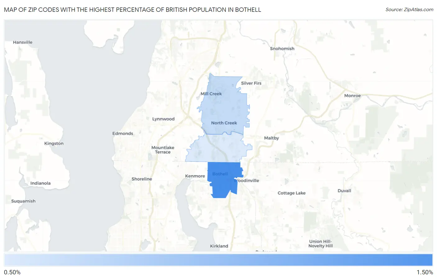 Zip Codes with the Highest Percentage of British Population in Bothell Map