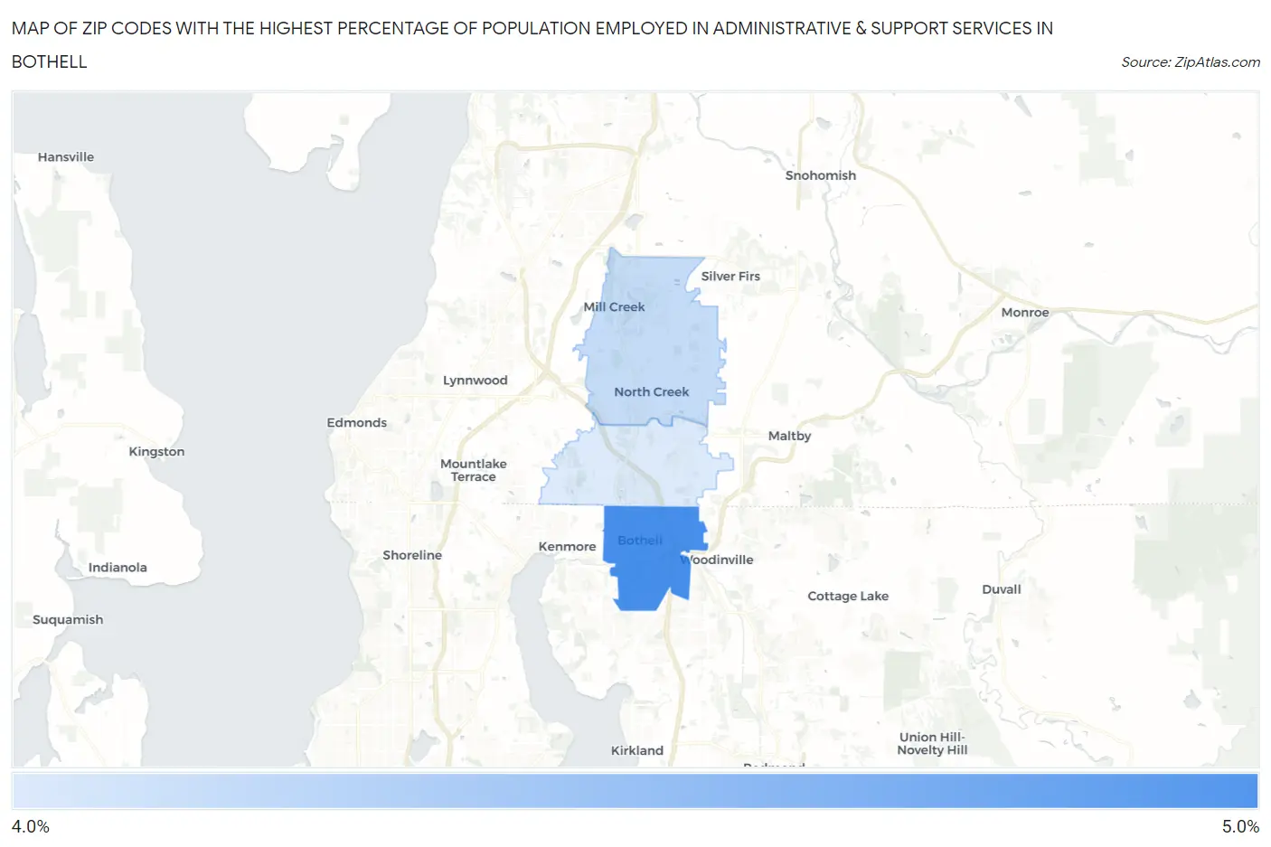 Zip Codes with the Highest Percentage of Population Employed in Administrative & Support Services in Bothell Map