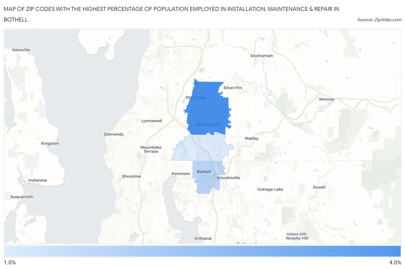 Zip Codes with the Highest Percentage of Population Employed in Installation, Maintenance & Repair in Bothell Map