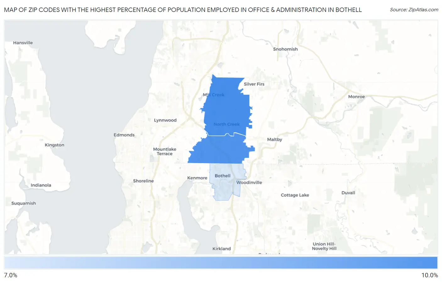 Zip Codes with the Highest Percentage of Population Employed in Office & Administration in Bothell Map