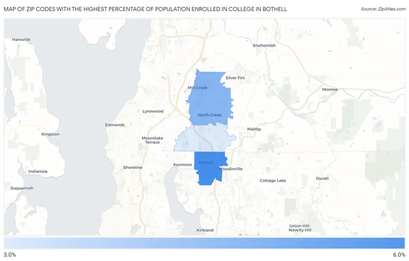 Zip Codes with the Highest Percentage of Population Enrolled in College in Bothell Map