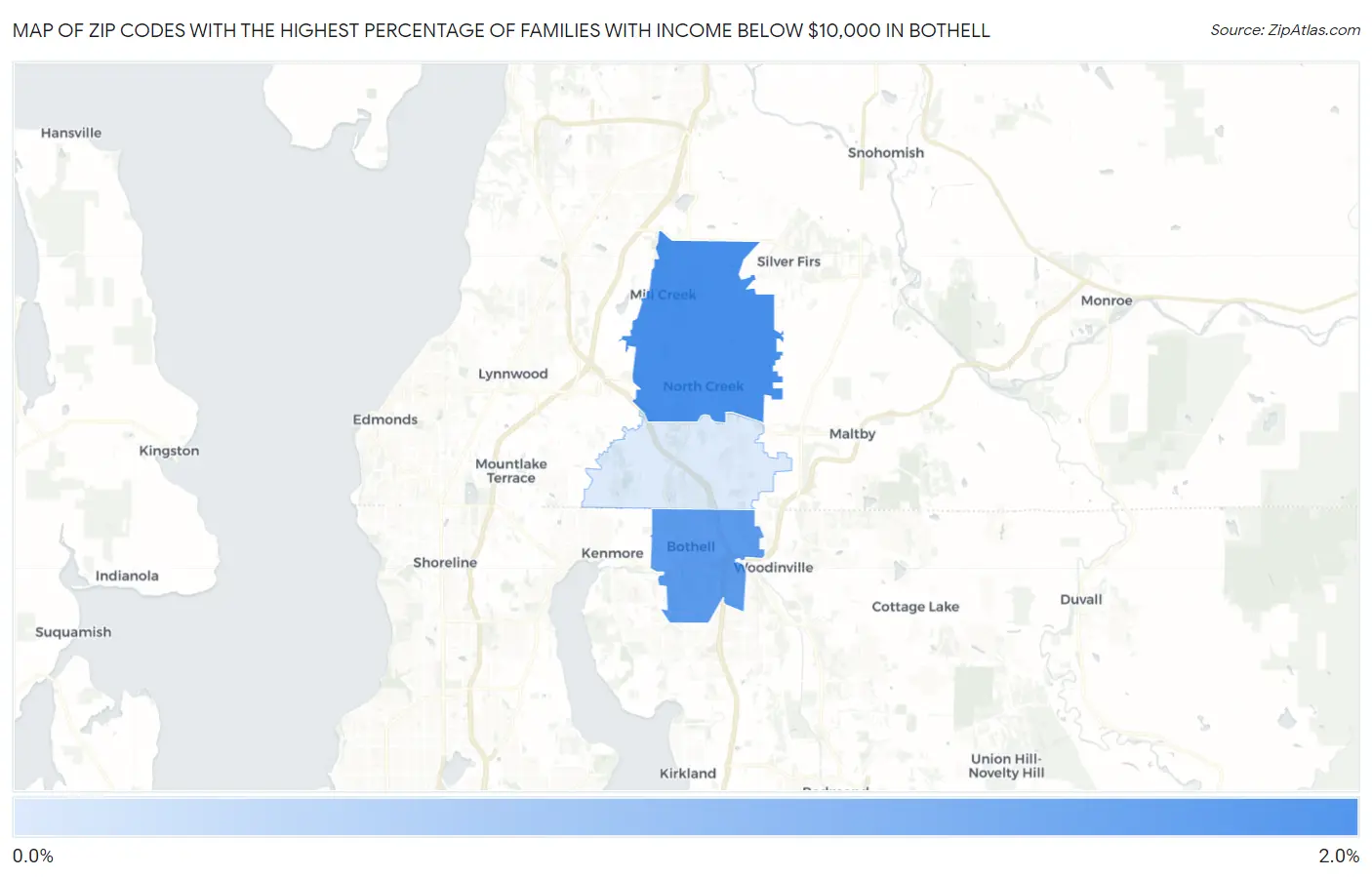 Zip Codes with the Highest Percentage of Families with Income Below $10,000 in Bothell Map