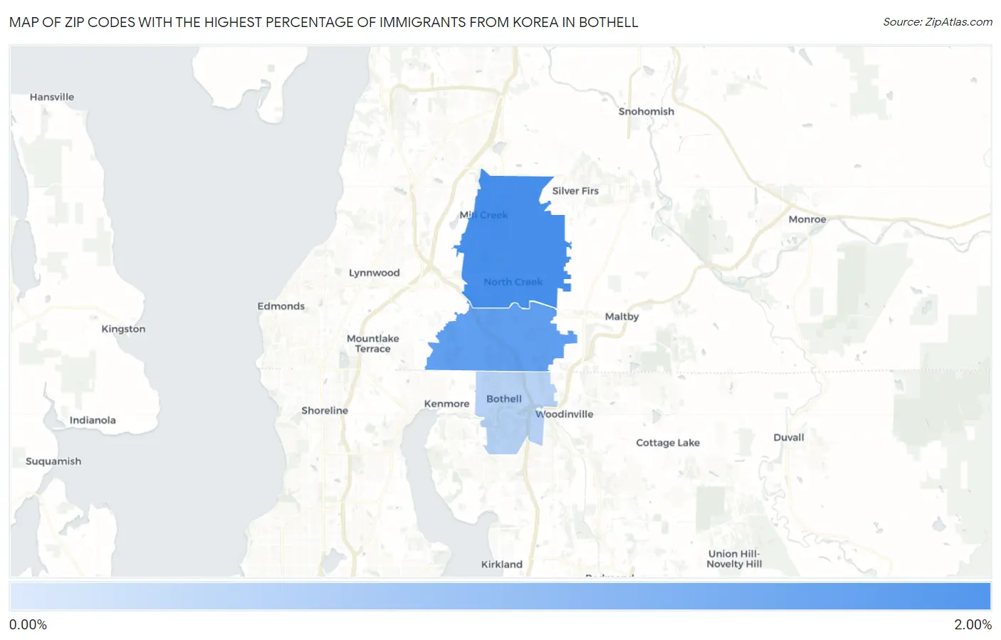 Zip Codes with the Highest Percentage of Immigrants from Korea in Bothell Map