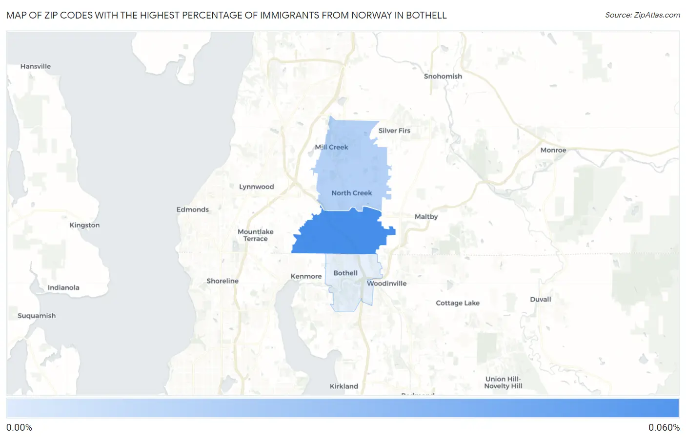 Zip Codes with the Highest Percentage of Immigrants from Norway in Bothell Map