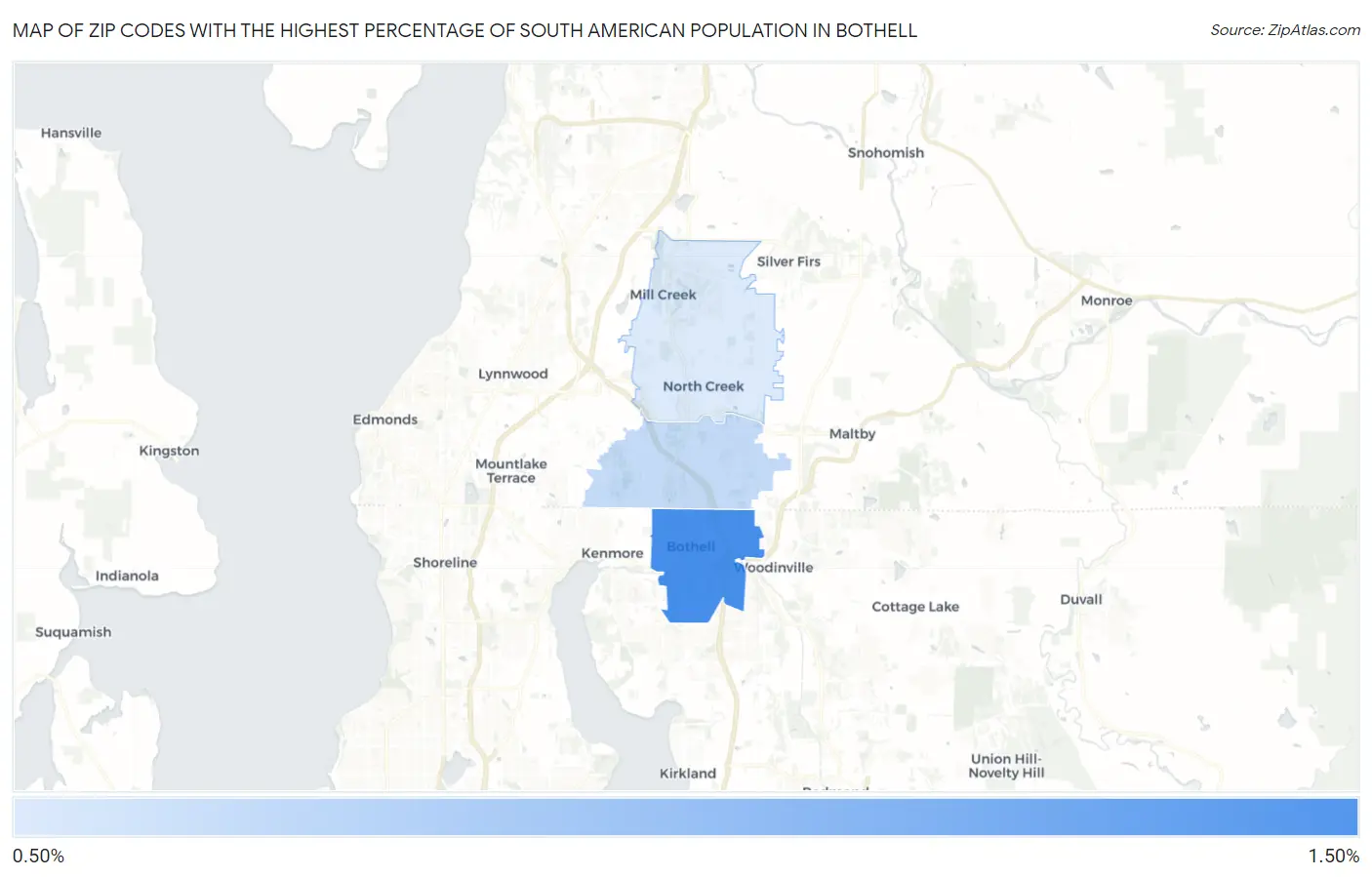 Zip Codes with the Highest Percentage of South American Population in Bothell Map