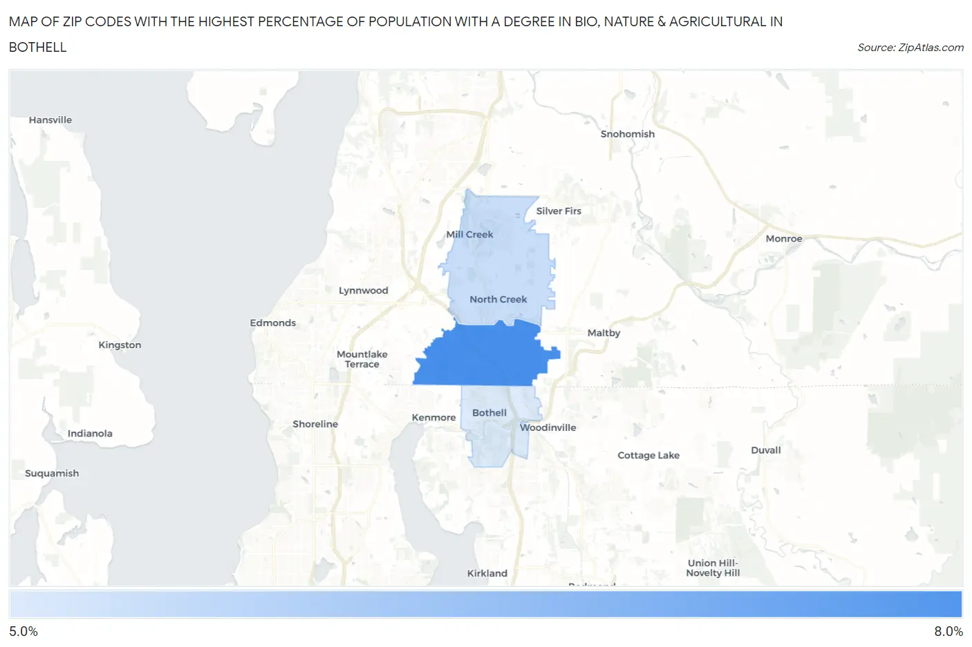 Zip Codes with the Highest Percentage of Population with a Degree in Bio, Nature & Agricultural in Bothell Map
