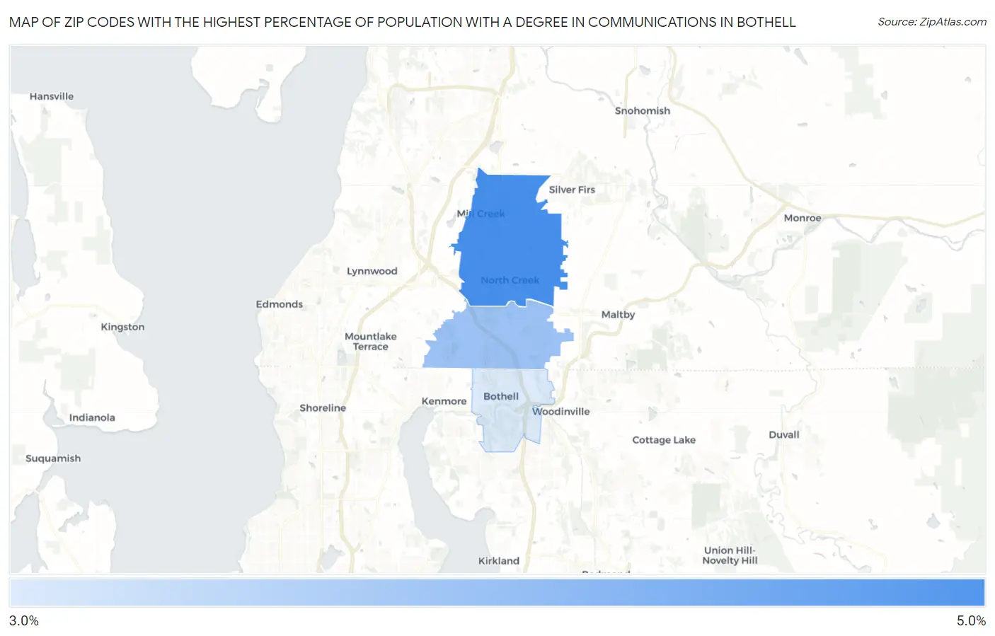 Zip Codes with the Highest Percentage of Population with a Degree in Communications in Bothell Map